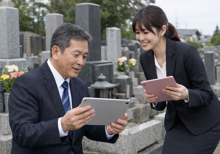 タブレットを持って霊園で会議をする葬儀社のスタッフ