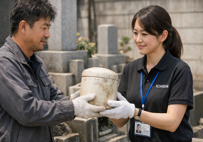 墓じまいの骨壺を受け取る散骨業者