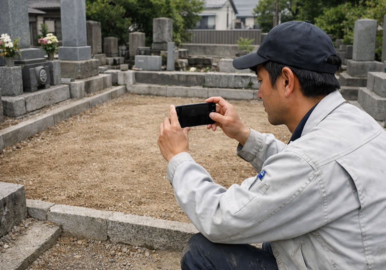 墓じまい後の写真を撮る男性