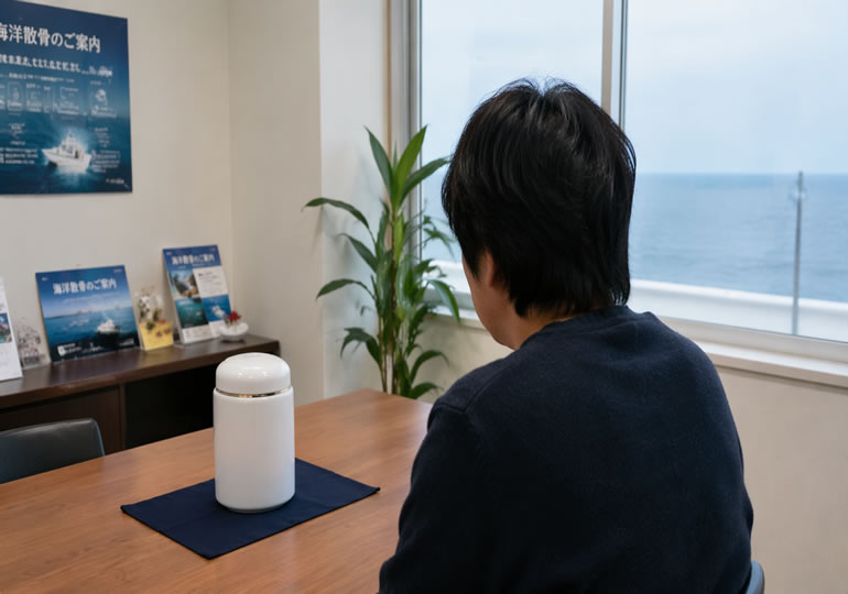 骨壺を見つめる散骨業者