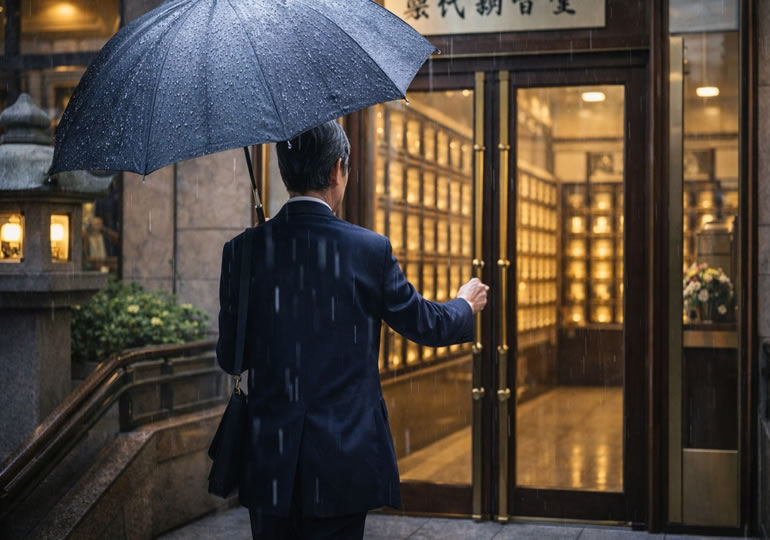 傘をさして納骨堂に来た男性