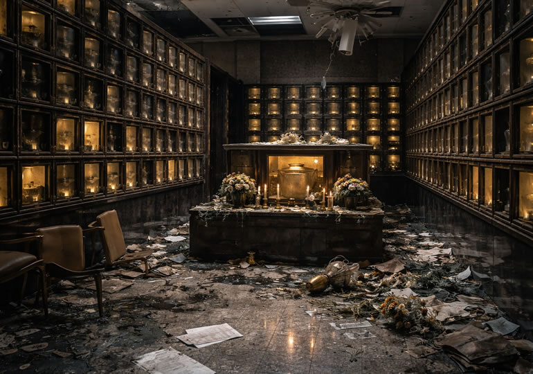 倒産して荒れ果てたビル型納骨堂