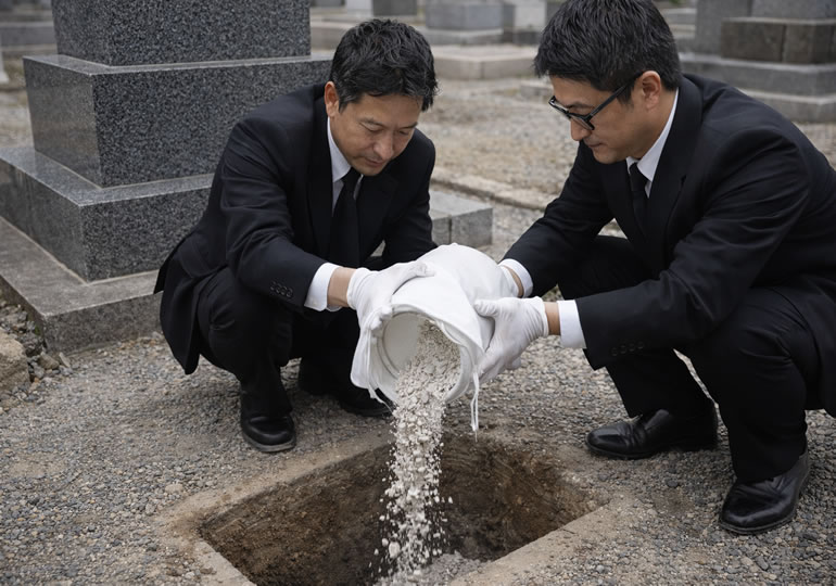 合祀墓に遺骨を入れる葬儀社のスタッフ