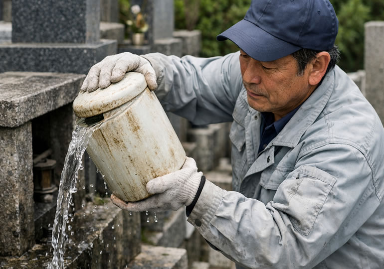骨壺から水を抜いている作業着の男性