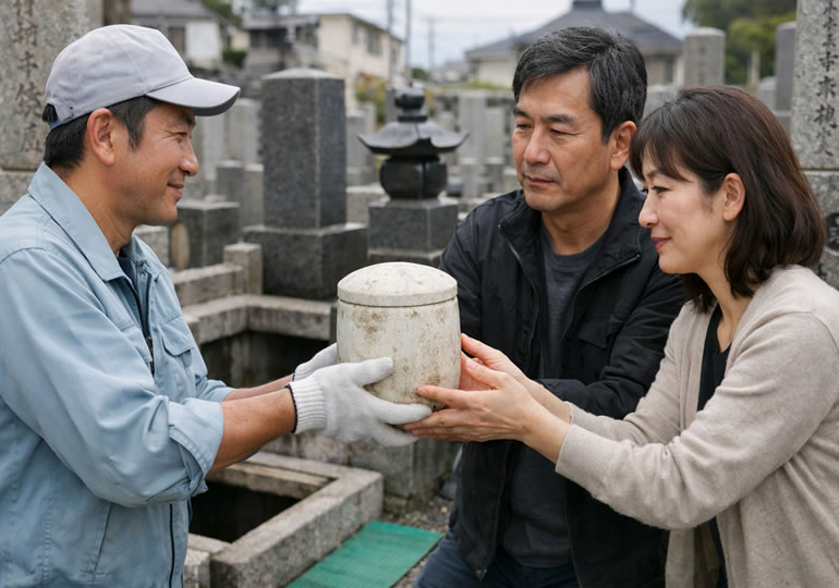 墓じまいでお墓から取り出した骨壺を受け取る親族