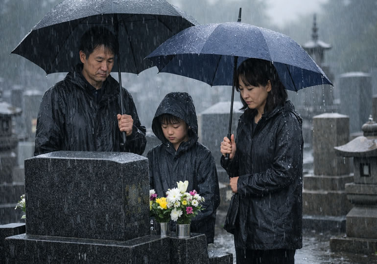 雨の日に墓参りに来た家族