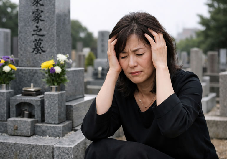 お墓の前で墓じまいに悩んでいる女性