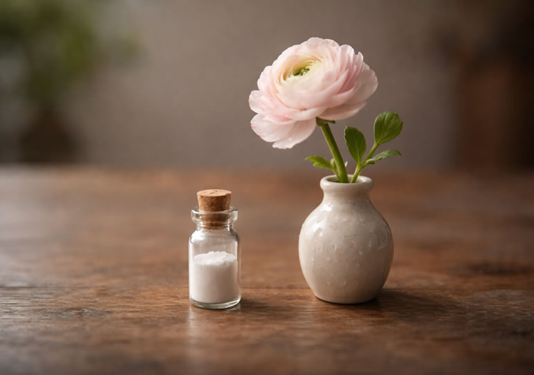 分骨した遺骨と小さな花