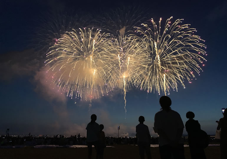 花火散骨で打ち上げられた花火を見つめる家族