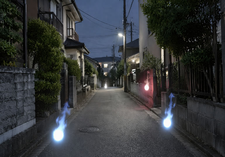 夜の住宅街を彷徨う火の玉のイメージ画像