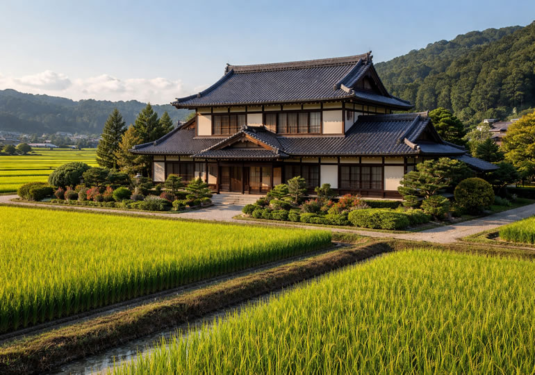 田んぼが広がる中に建っている地方の大きな家
