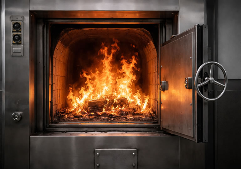 火葬炉の扉を開けて炎のイメージ画像