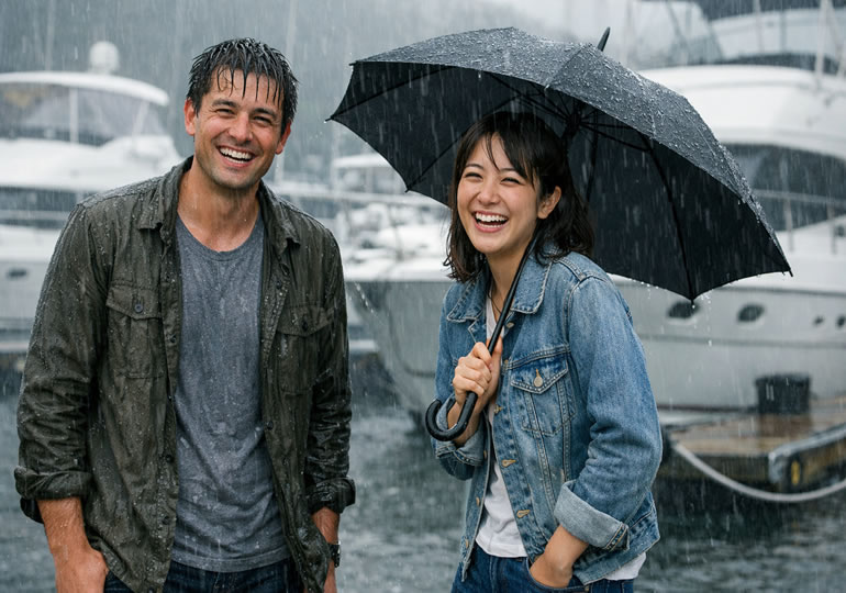 雨のマリーナで濡れている男性