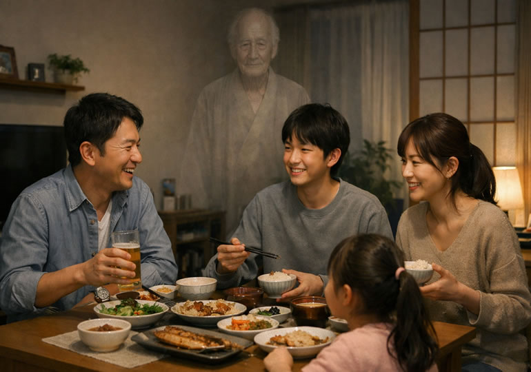 お化けにびっくりしている家族