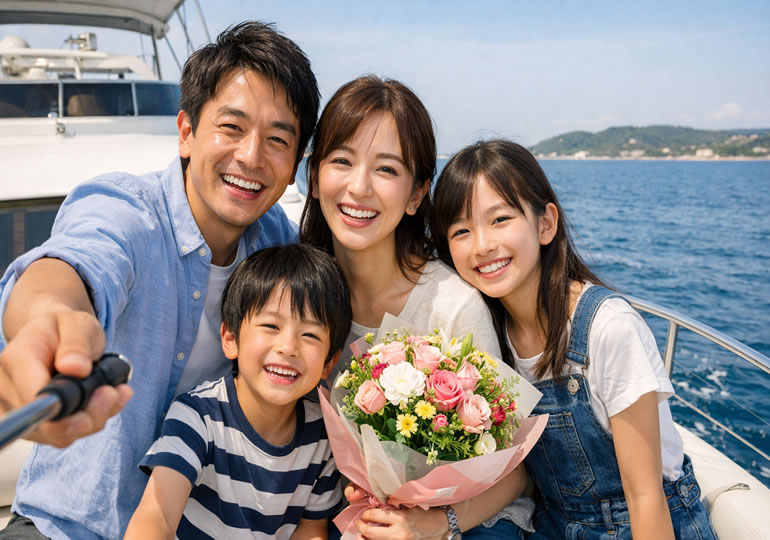 クルーザーの船上で記念撮影する家族