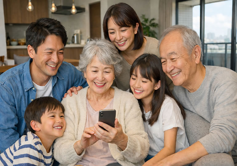 スマートフォンで散骨の思い出を振り返る家族