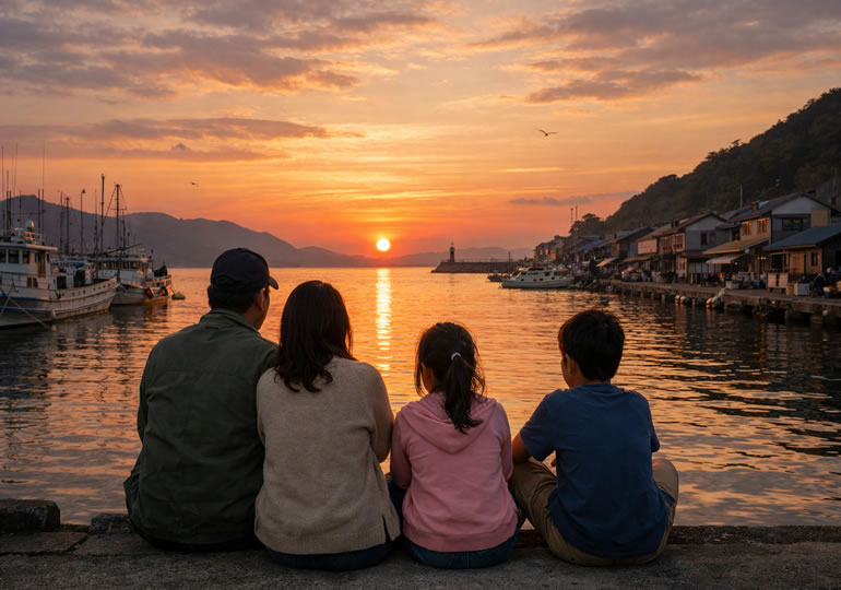 漁港から夕陽を見つめている家族
