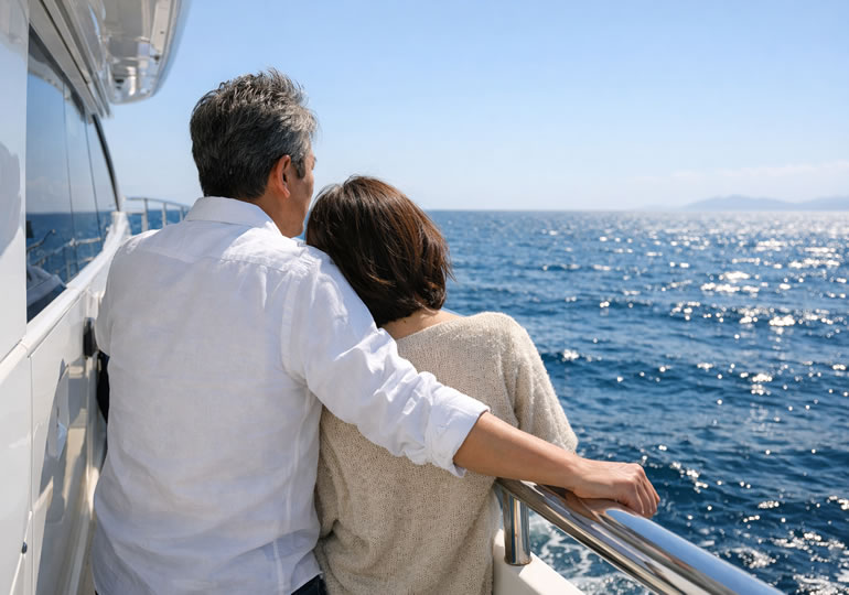 散骨した海を見つめている夫婦の後ろ姿