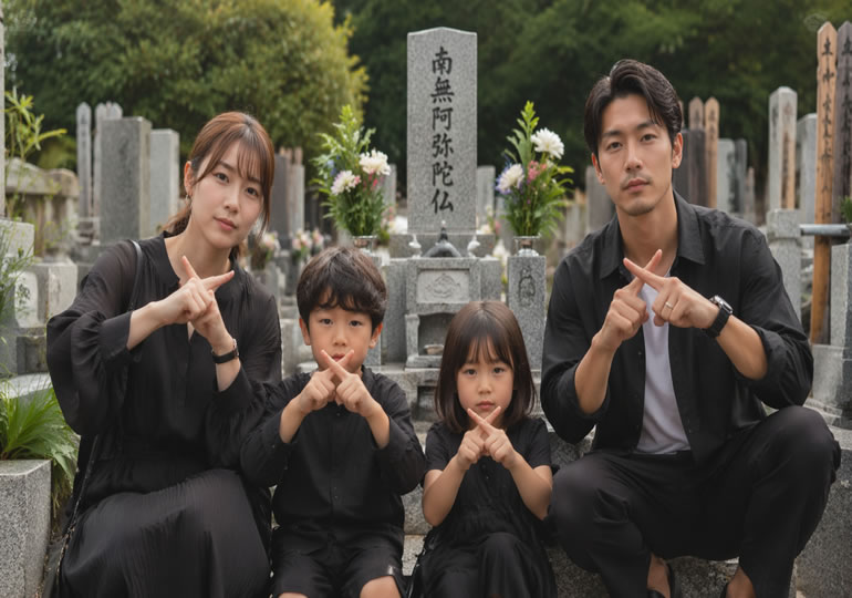 家族の墓前でのポーズ