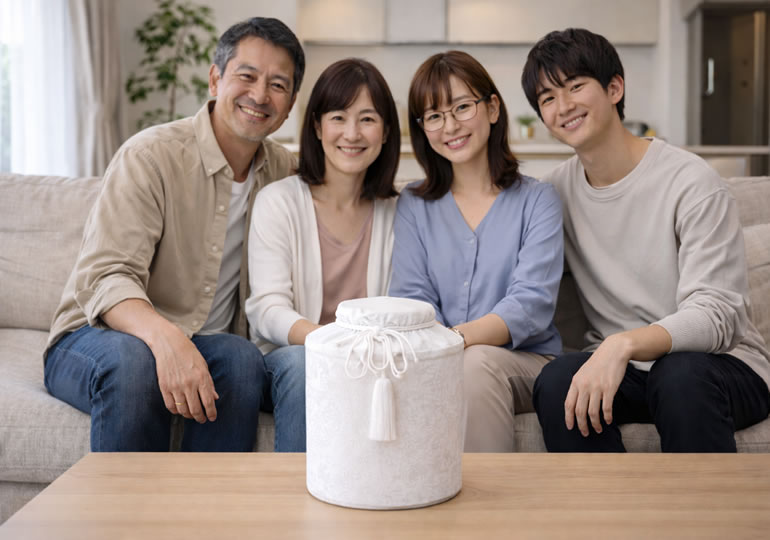 骨壺のあるリビングのソファーに座っている家族