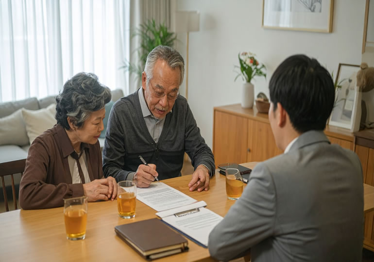 樹木葬の契約書を確認する高齢男性