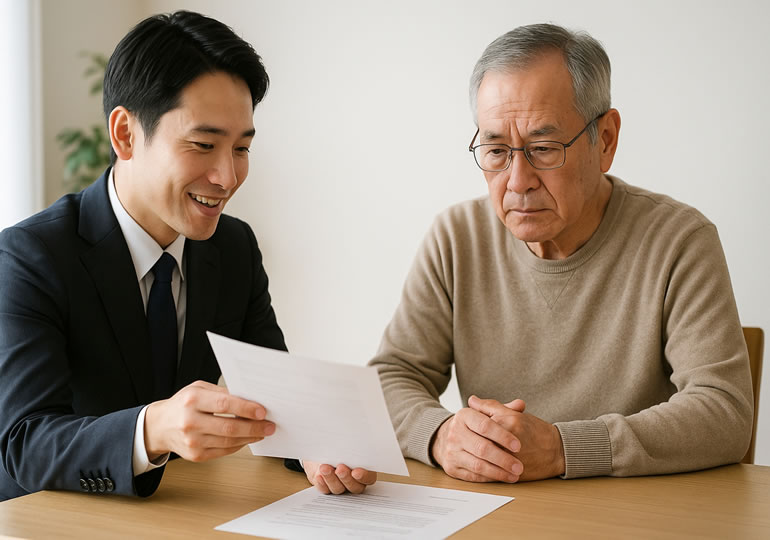 海洋散骨の事前相談をする高齢男性