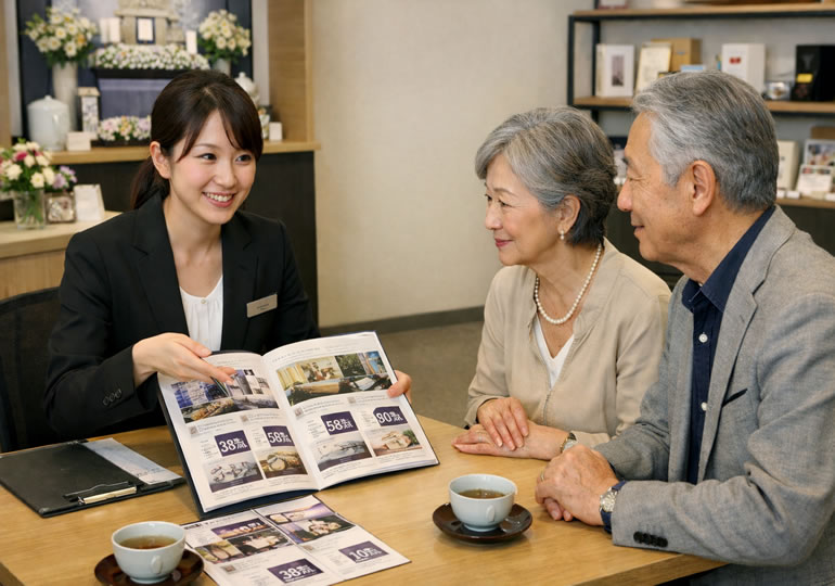葬儀社で生前相談をしている高齢夫婦
