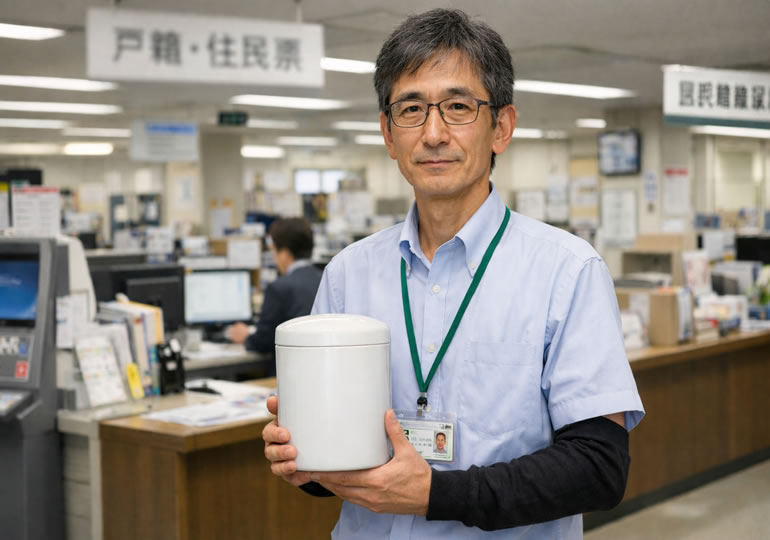 骨壺を持って立っている市役所の男性職員