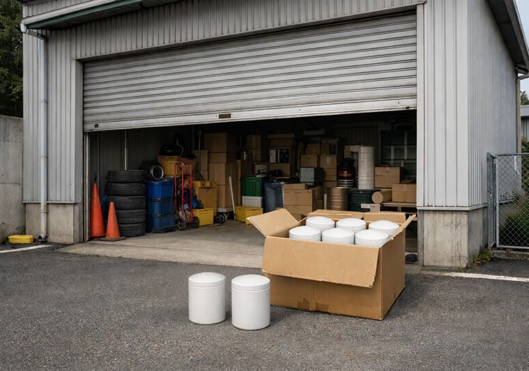 段ボール箱で保管されている複数の骨壺