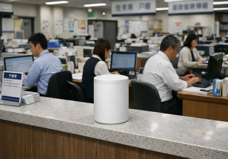 市役所のカウンターに置かれた骨壺