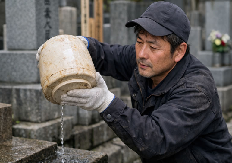 骨壺から水を抜いている石材店の男性