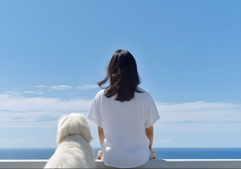 散骨した海を愛犬と見に来た若い女性