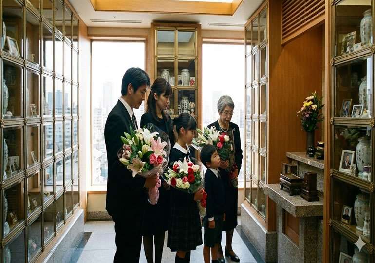 喪服で納骨堂に来た家族