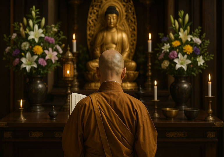 本堂で座っている住職