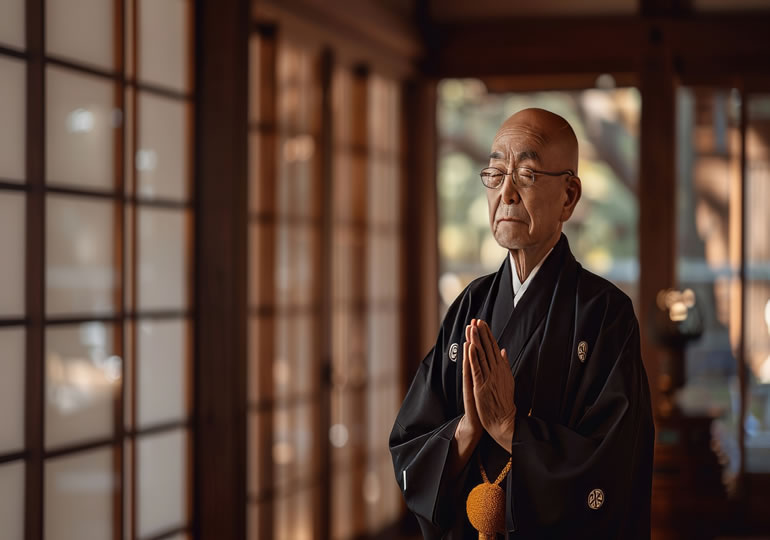 お寺の本堂で合掌している住職