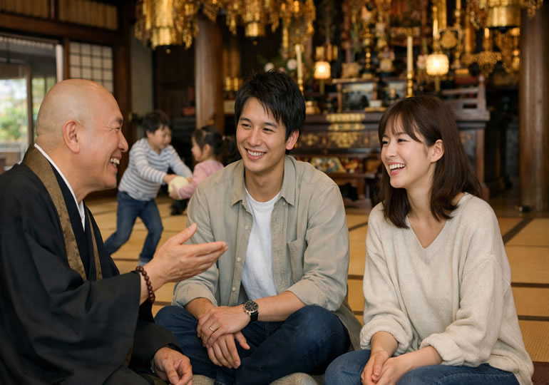 お寺の本堂で雑談している住職と若い夫婦