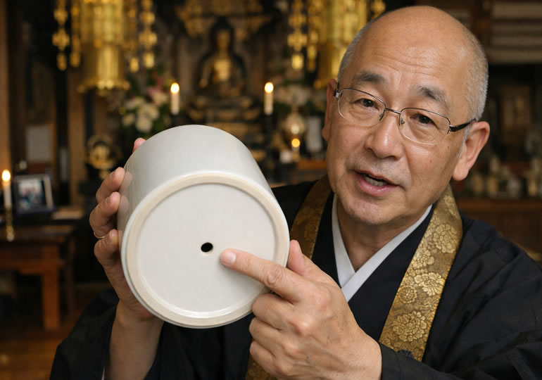 穴の開いた骨壺の説明をする住職