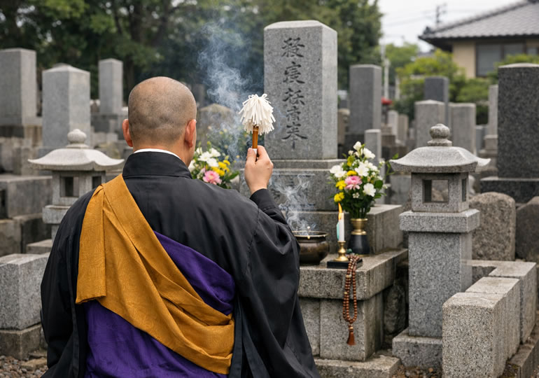 閉眼供養している住職