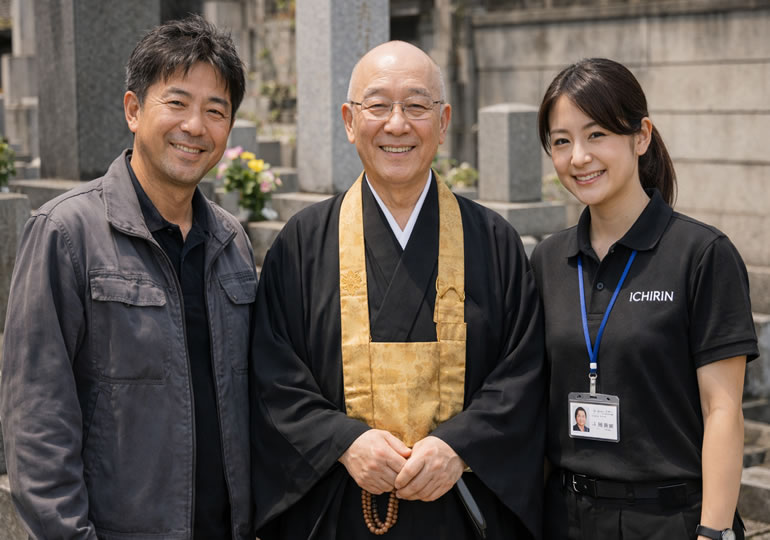 お墓の前で微笑んでいる住職