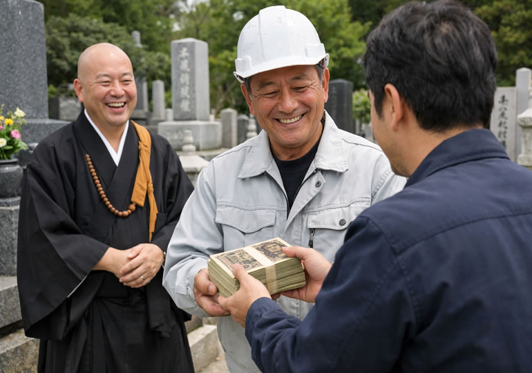 お墓の施工費を受け取る住職