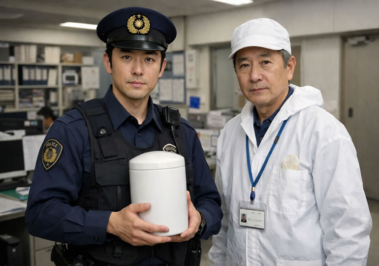 白い骨壺を持っている警察官