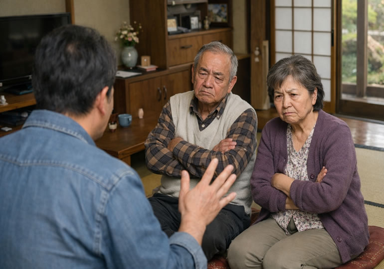 墓じまいに反対の両親を説得している男性