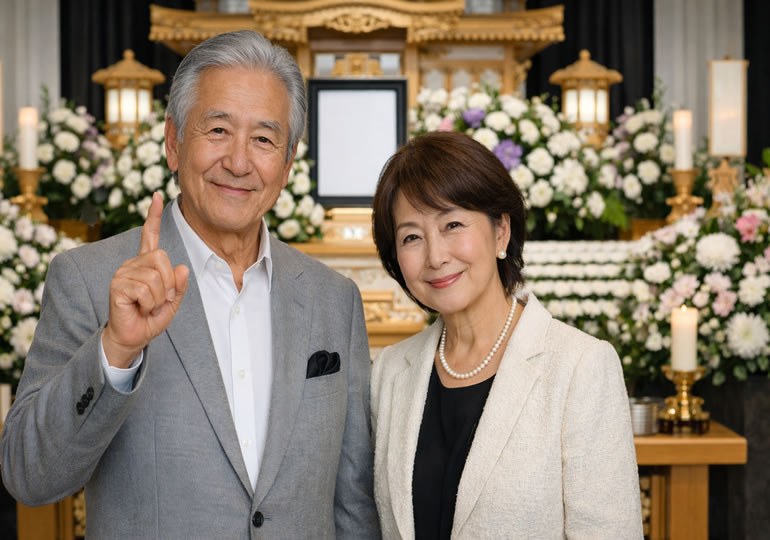 祭壇の前で微笑んでいる高齢夫婦
