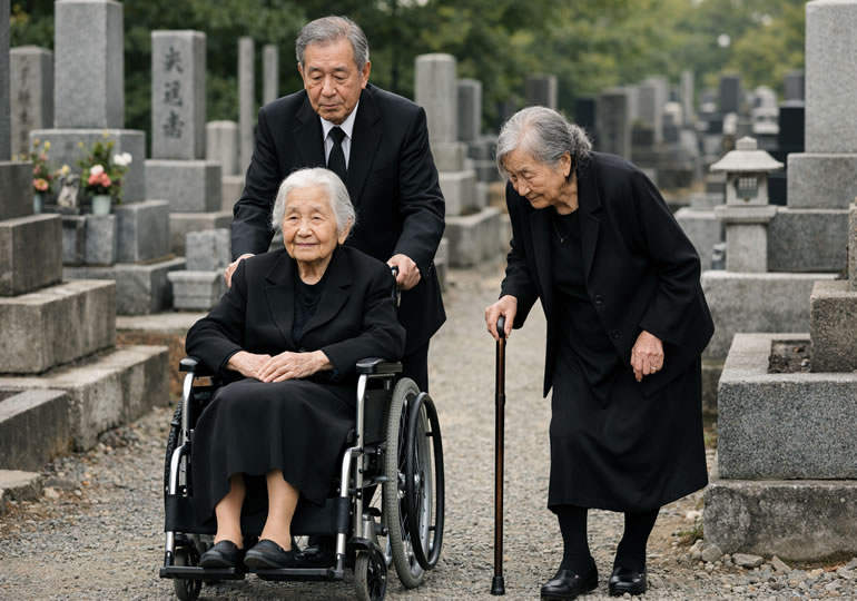 墓じまいに立ち会う車椅子の高齢女性