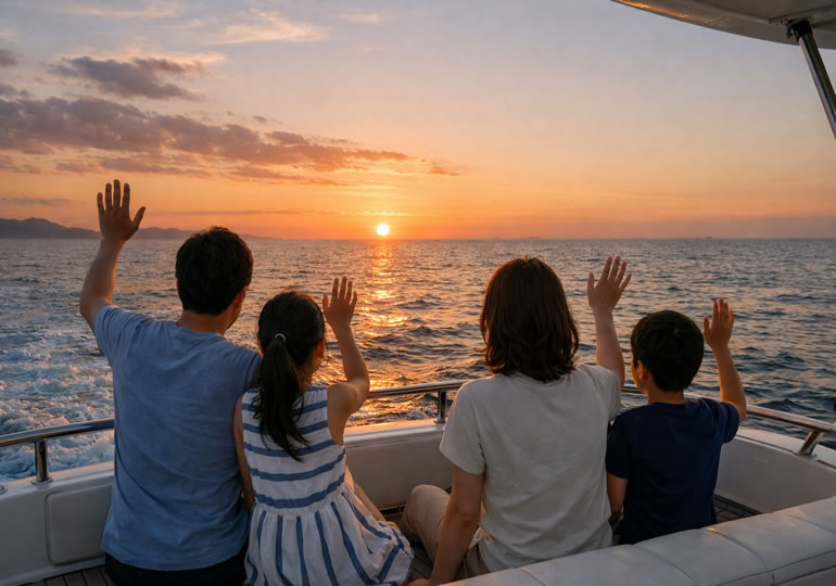 散骨した夕日が沈む海に手を振る家族