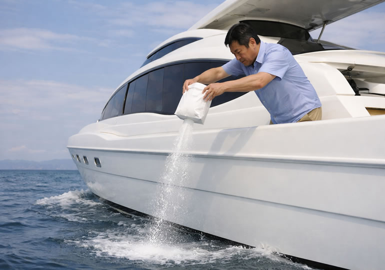 クルーザーから海に散骨している男性