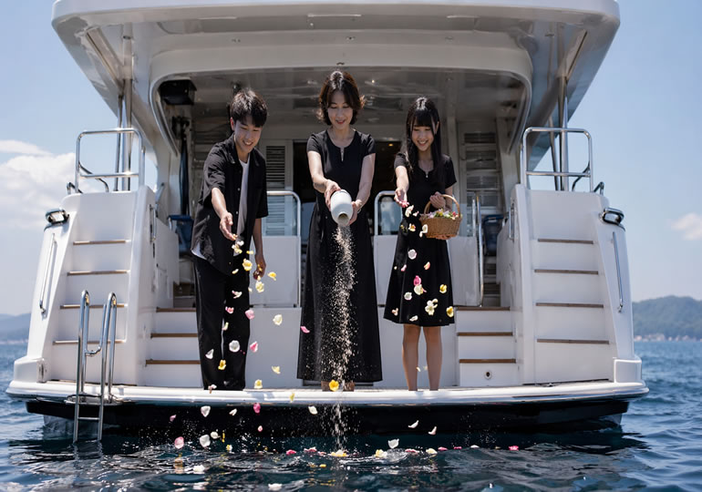 船から海洋散骨している家族