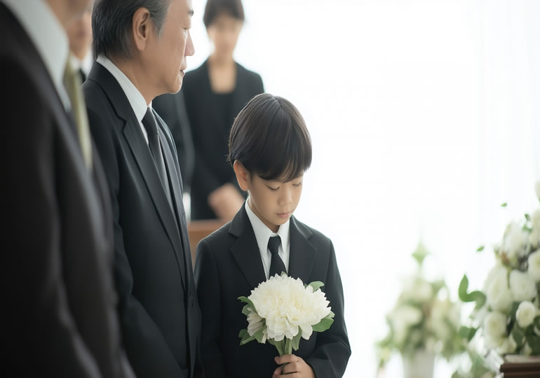 葬式で菊の花を持つ少年