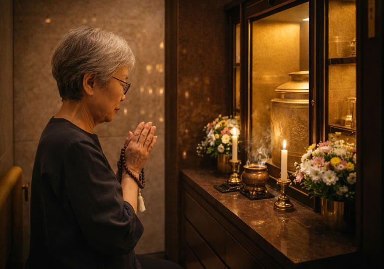 ビル型納骨堂でお参りする高齢女性