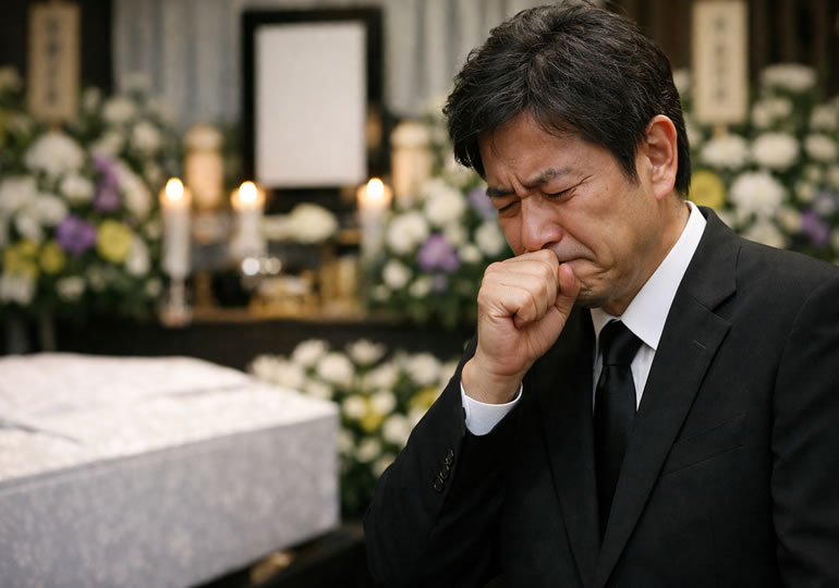 棺桶の前で涙ぐむ親族